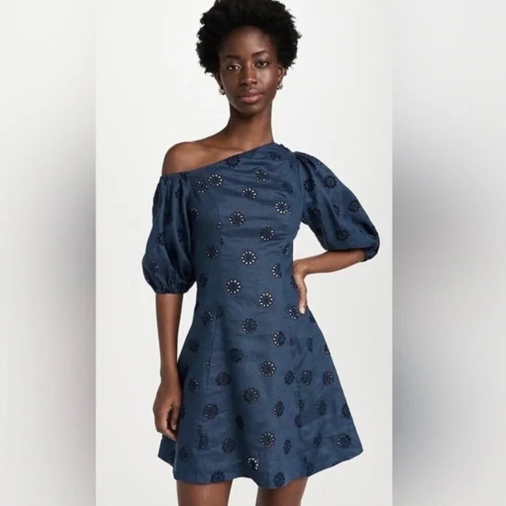 Figue Darcy Dress Linen Eyelet Floral Off The Shoulder Mini Navy Blue Size 8